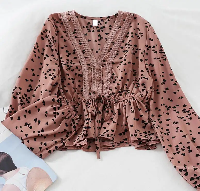 Women's spring summer long sleeve heart print v neck chiffon shirt female casual short high waist shirt tops TB1170
Women's spring summer long sleeve heart print v neck chiffon shirt female casual short high waist shirt tops TB1170