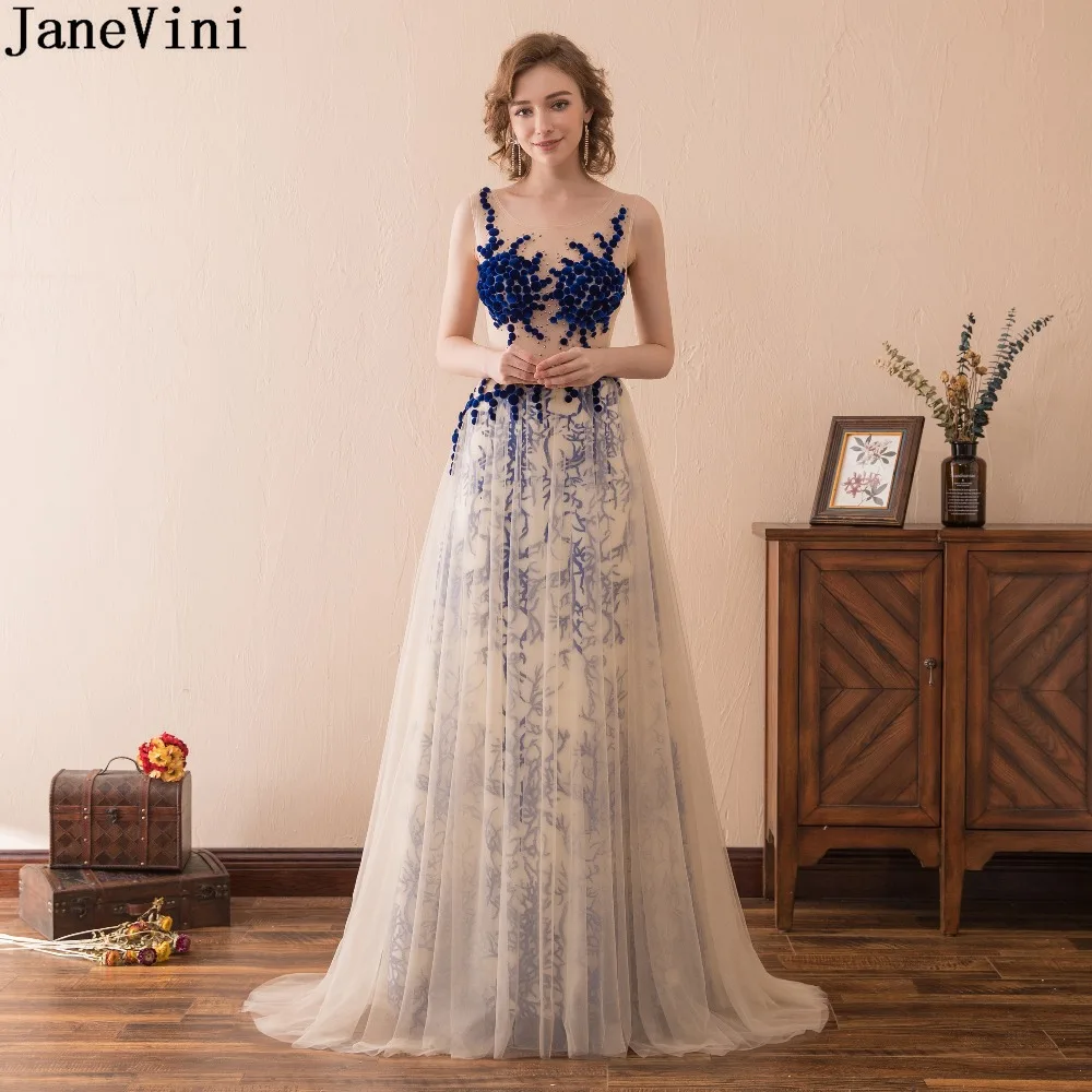 

JaneVini Sexy Lace Evening Dresses Long Plus Size Scoop Neck Beading Illusion Back A Line Sweep Train vestidos De Noche Largos