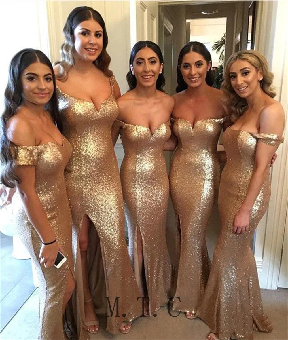Sparkly Champagne Sequins Bridesmaid Dresses Off The Shoulder Boat Neck Side Split Cheap Women Wedding Party Dress Custom Made
Sparkly Champagne Sequins Bridesmaid Dresses Off The Shoulder Boat Neck Side Split Cheap Women Wedding Party Dress Custom Made