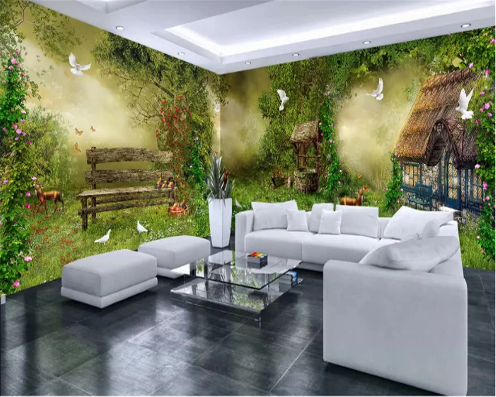 

beibehang Custom size wallpaper fantasy forest hut flower and bird whole house background wall papers home decor painting behang