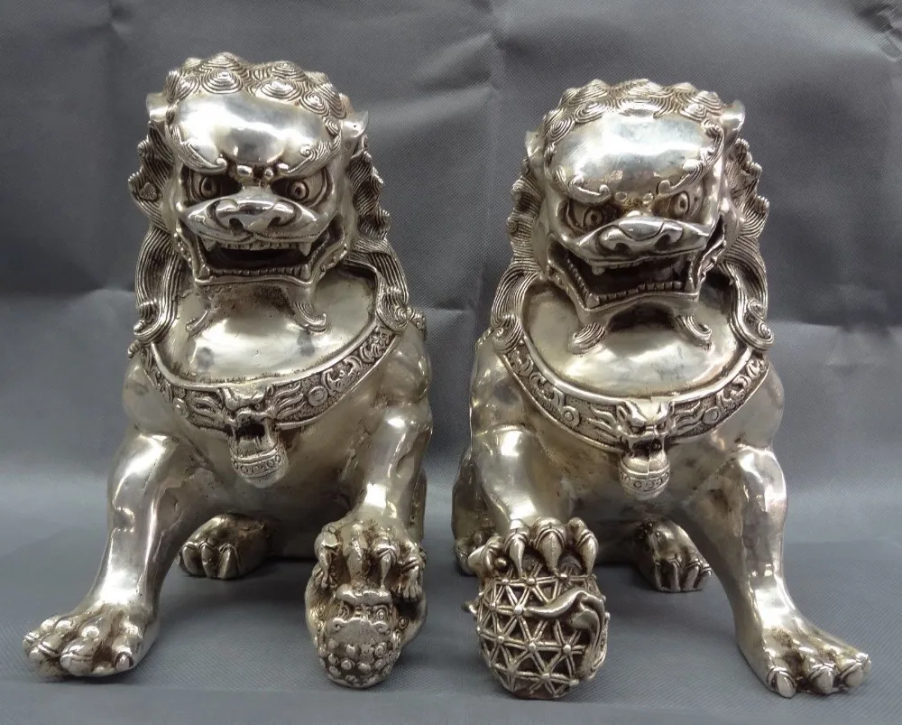 

10" Chinese Silver Treasure Fu Dog Brass FengShui Lion Ball Animals Lion pair s 100% real Tibetan Silver Brassroom