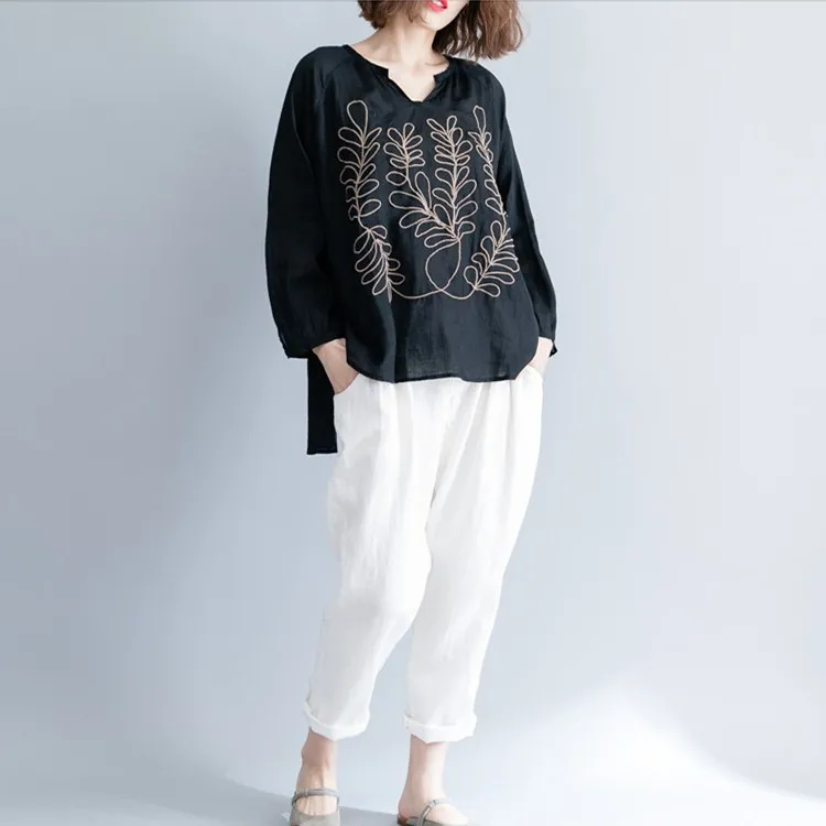 New Fashion Women Vintage Embroidery Black Shirts V-Neck Spring Ladies Cotton Linen Long Sleeve Loose Tops
New Fashion Women Vintage Embroidery Black Shirts V-Neck Spring Ladies Cotton Linen Long Sleeve Loose Tops