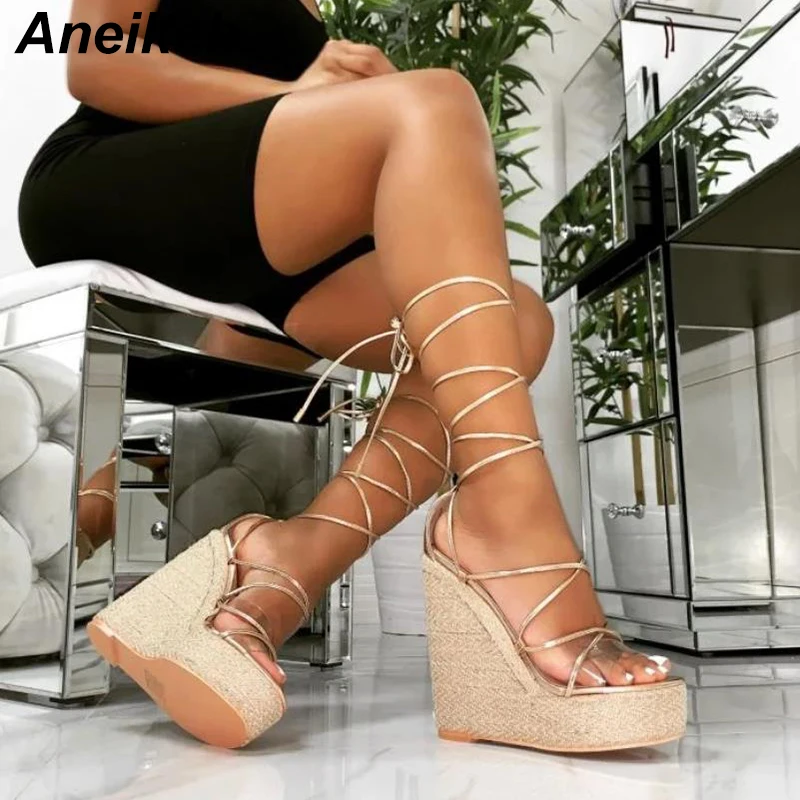 Женские прозрачные босоножки Aneikeh, черные, золотистые босоножки на высокой танкетке со шнуровкой и ремешком на щиколотке, размеры 42
Женские прозрачные босоножки Aneikeh, черные, золотистые босоножки на высокой танкетке со шнуровкой и ремешком на щиколотке, размеры 42