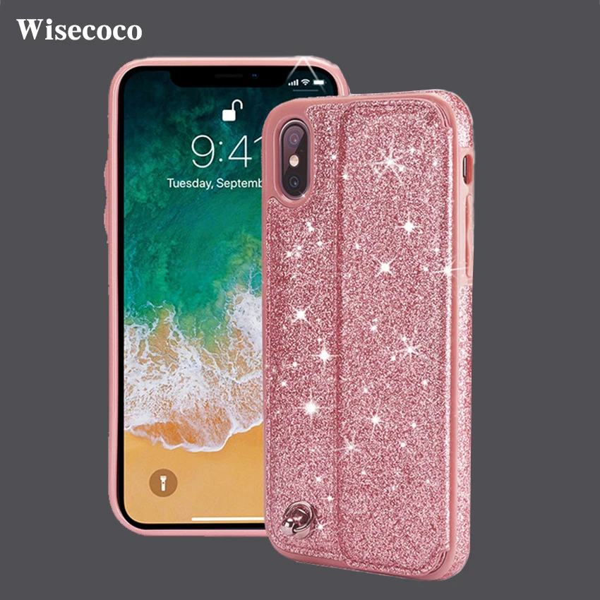 Розовое золото блеск кожаный бумажник чехол для iPhone X 10 Роскошные телефона