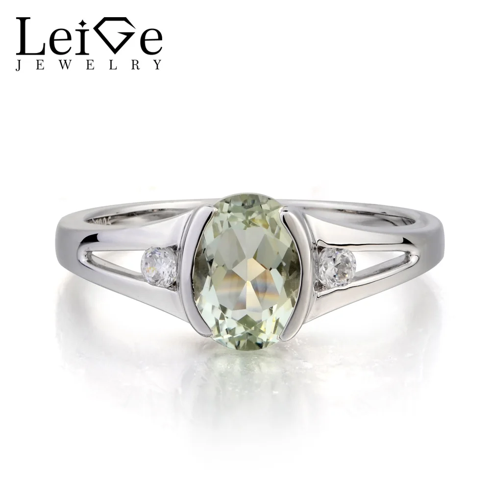 

Leige Jewelry Natural Green Amethyst Ring Engagement Ring Oval Cut Gemstone February Birthstone 925 Sterling Silver Ring for Her