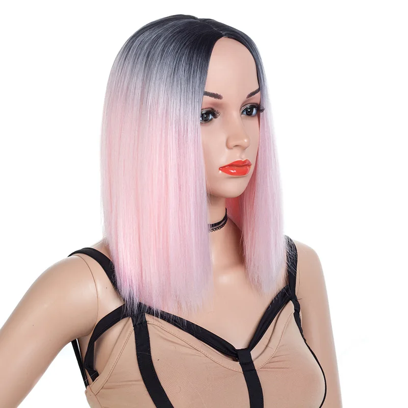 Yiyaobess 16inch Medium Long Bob Wig Black Pink Ombre Hair Synthetic Natural Grey Straight Womens Wigs For African Americans | Шиньоны и