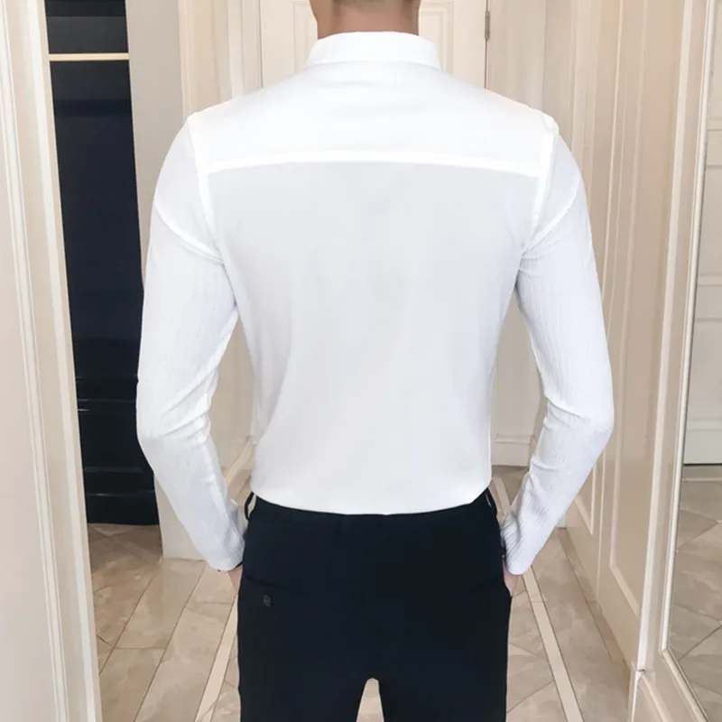 2020 New Men Dress Shirt Black White Slim Elegant shirts Business Casual Shirt men