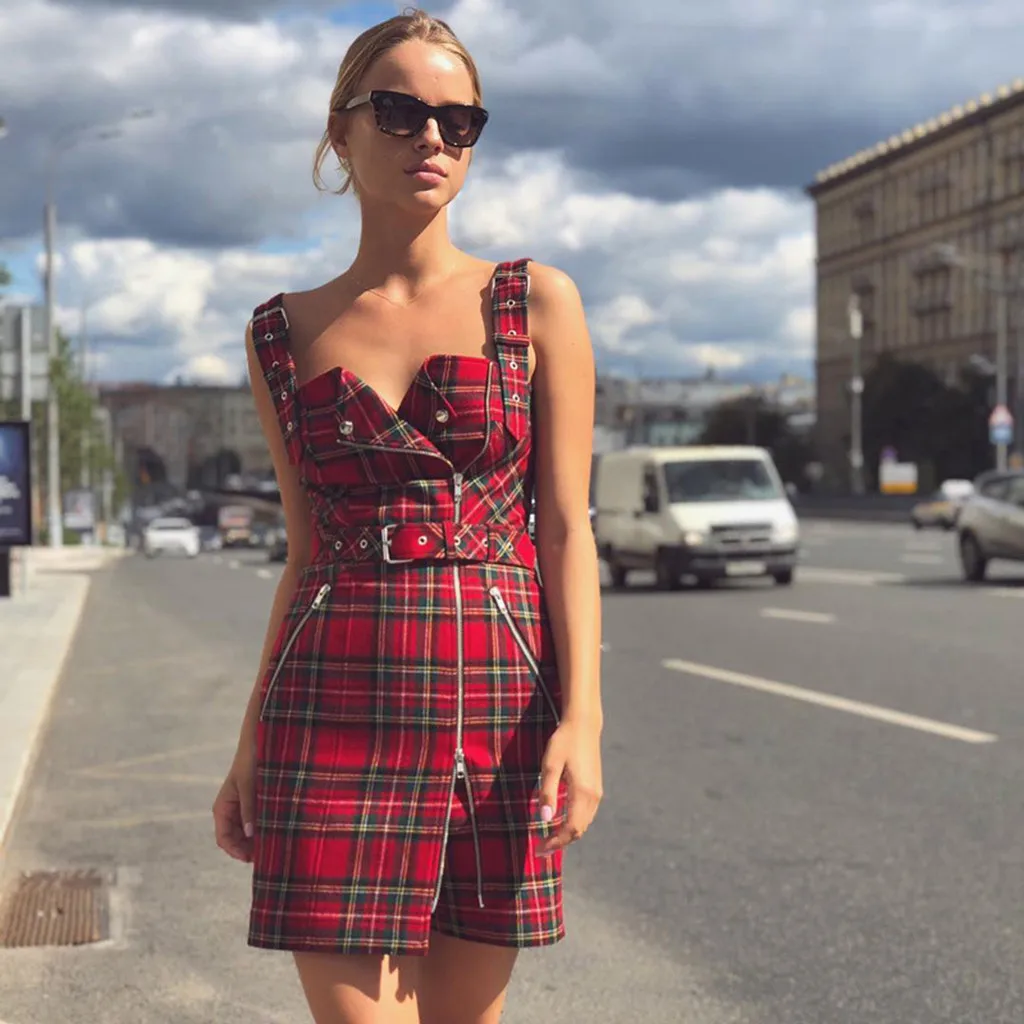 Женское клетчатое платье OY41 * асимметричное с v образным вырезом на молнии в