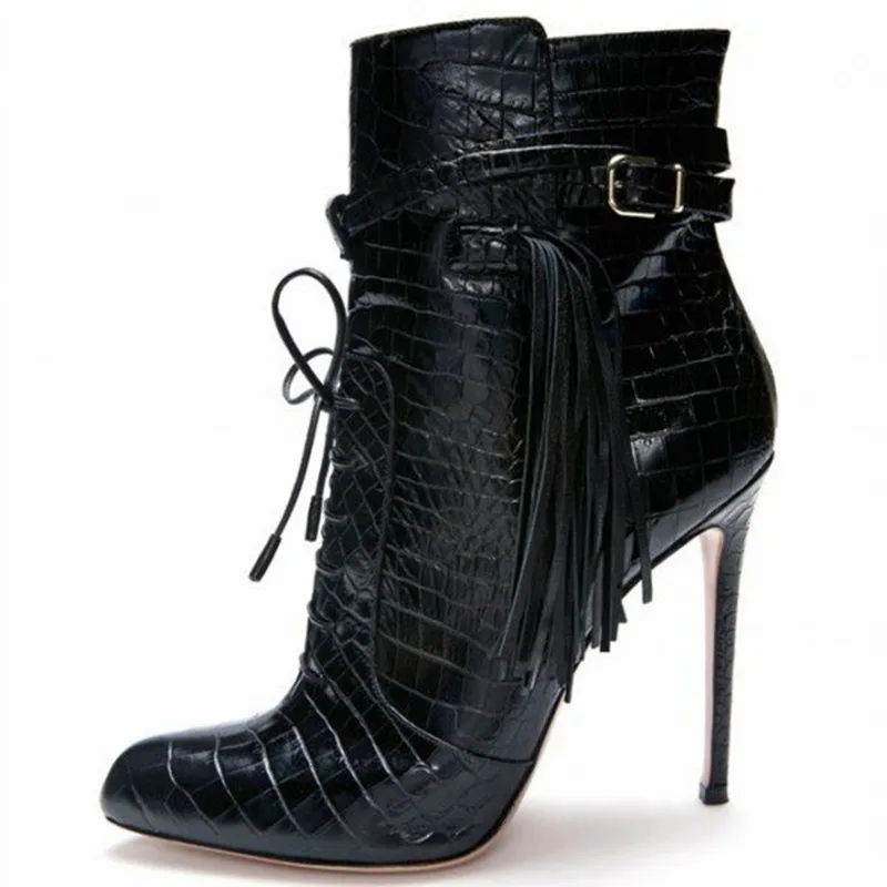 Black Lizard Lace up Ankle Boots for Women With Heels Stiletto Thin Heel Buckle Fringe Boots Woman Shoes Short Bootie Plus Size
Black Lizard Lace up Ankle Boots for Women With Heels Stiletto Thin Heel Buckle Fringe Boots Woman Shoes Short Bootie Plus Size