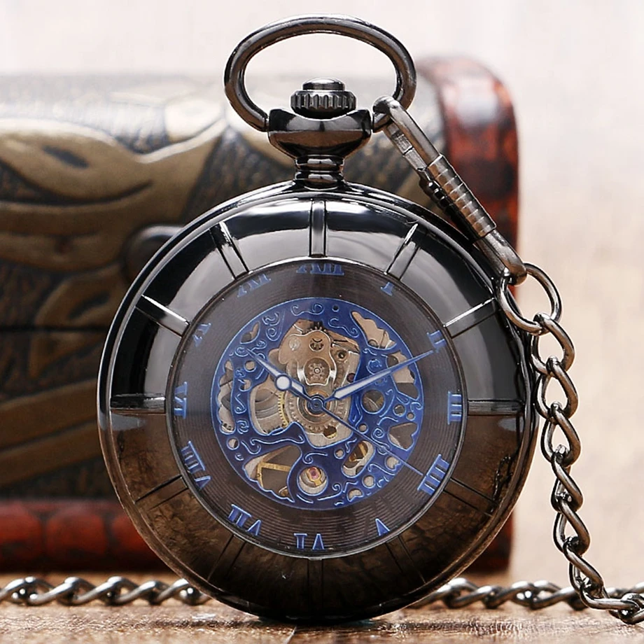 Hot Sale Black Hollow Case Blue Roman Number Skeleton Dial Steampunk Mechanical Pocket Watch with Chain Fob Watches Gifts
Hot Sale Black Hollow Case Blue Roman Number Skeleton Dial Steampunk Mechanical Pocket Watch with Chain Fob Watches Gifts