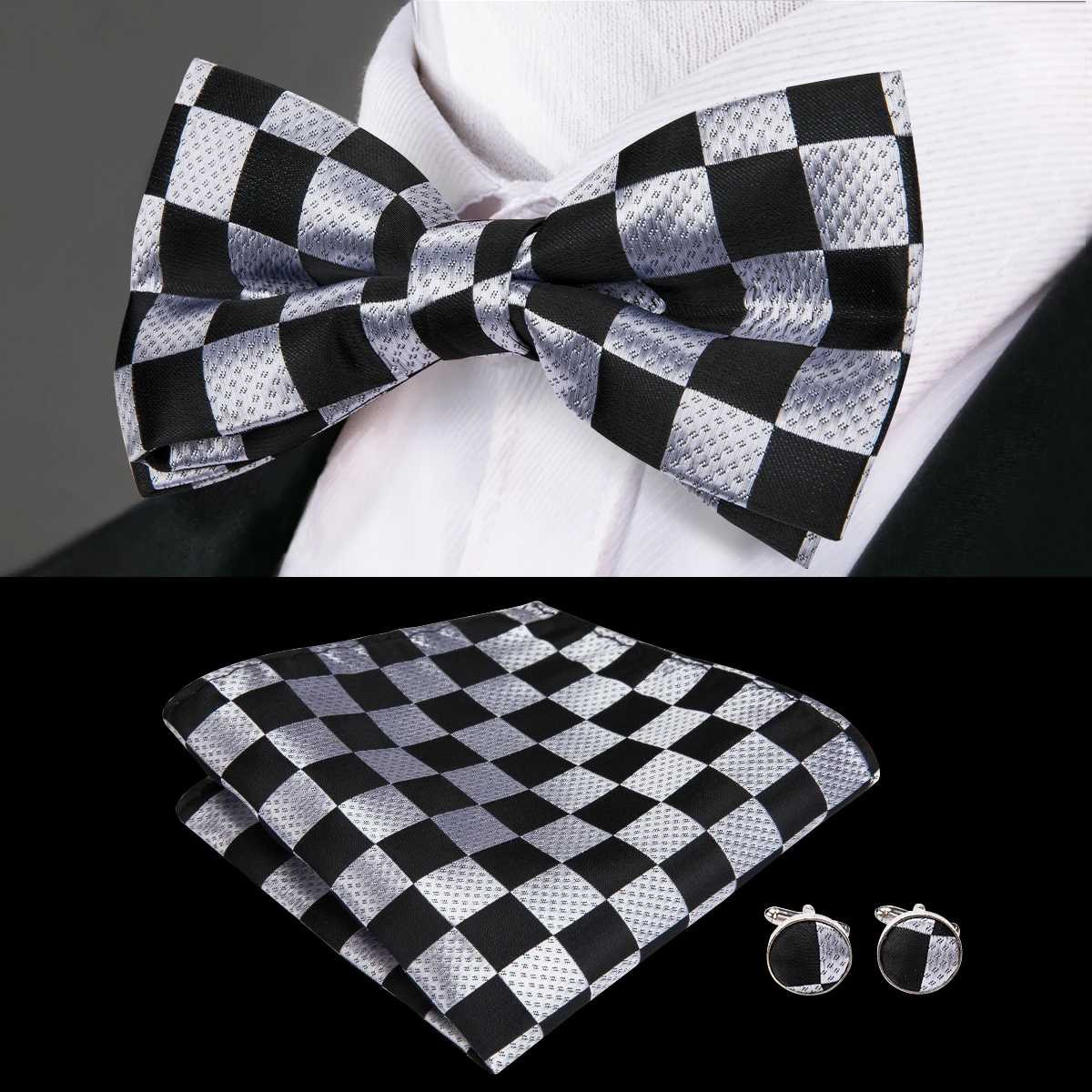 Hi-Tie 2018 Popular Black&White Desginer Plaid Bowtie for Men Wedding High Quality Silk Men's Bowtie Hanky Cufflinks Set F-756
Hi-Tie 2018 Popular Black&White Desginer Plaid Bowtie for Men Wedding High Quality Silk Men's Bowtie Hanky Cufflinks Set F-756