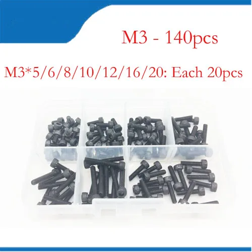 140pcs/box M3 Screw m3 bolts kits Hex socket head cap m3*5-20mm screw DIN912 Black steel Hexagon Bolt Kits free shipping
140pcs/box M3 Screw m3 bolts kits Hex socket head cap m3*5-20mm screw DIN912 Black steel Hexagon Bolt Kits free shipping
