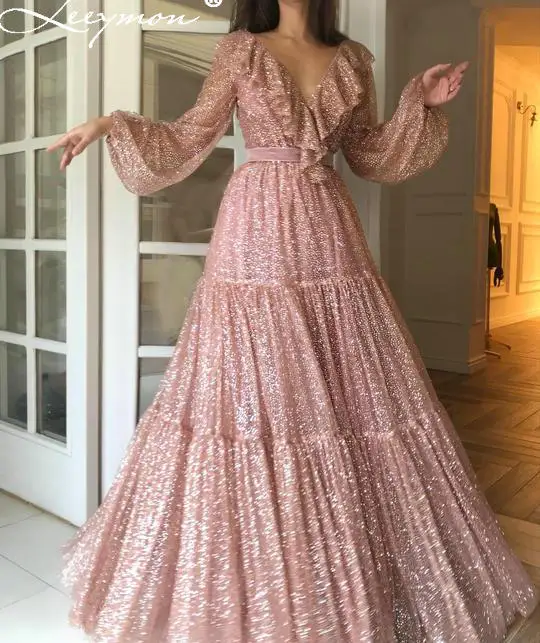 Leeymon Rose Gold Sexy Glitter Deep V-Neck Ruffles Prom Dresses Elegant A Line Long Dress Puff Sleeves
Leeymon Rose Gold Sexy Glitter Deep V-Neck Ruffles Prom Dresses Elegant A Line Long Dress Puff Sleeves