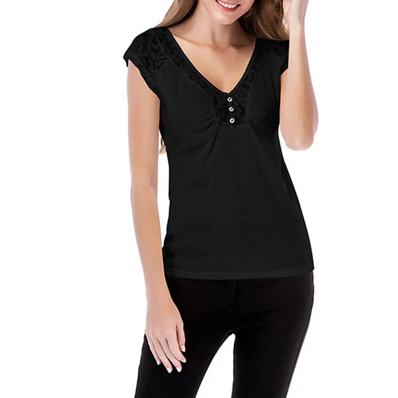 2019 New European American Women's T-shirt Short-sleeved Summer Fashion V-neck Solid Color Leisure Lace Stitching T-shirt Female
2019 New European American Women's T-shirt Short-sleeved Summer Fashion V-neck Solid Color Leisure Lace Stitching T-shirt Female