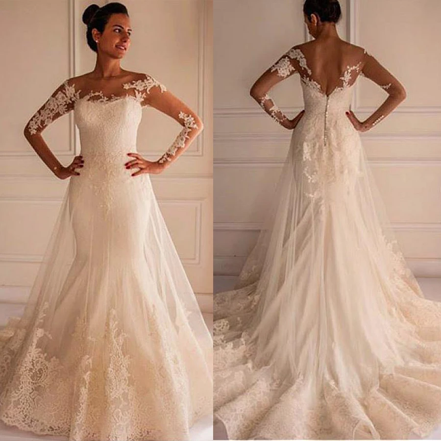Elegant Sheer Tulle Mermaid Wedding Dress With Lace Appliques Skirt Long Sleeves Bridal Dress vestido de noiva curto
Elegant Sheer Tulle Mermaid Wedding Dress With Lace Appliques Skirt Long Sleeves Bridal Dress vestido de noiva curto