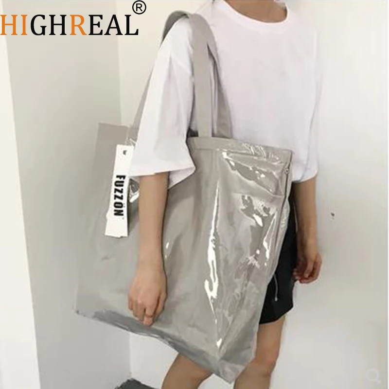 

2022 New Vintage Kraft Paper Shopping Bag PVC Clear Double Transparent Bag Waterproof Causal Tote Shoulder Bag Messenger Handbag