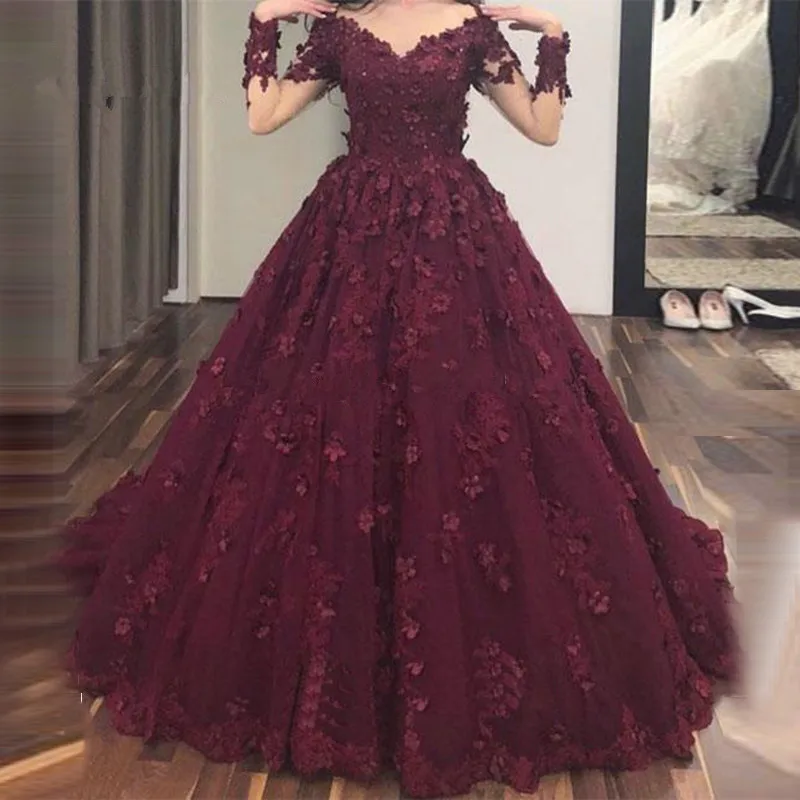 

Burgundy Vestido De Noiva Muslim Wedding Dresses Ball Gown Tulle Lace Beaded Boho Dubai Arabic Wedding Gown Bridal Dress