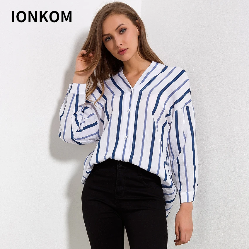 IONKOM полосатая элегантная Офисная Женская однотонная блуза с v образным вырезом и