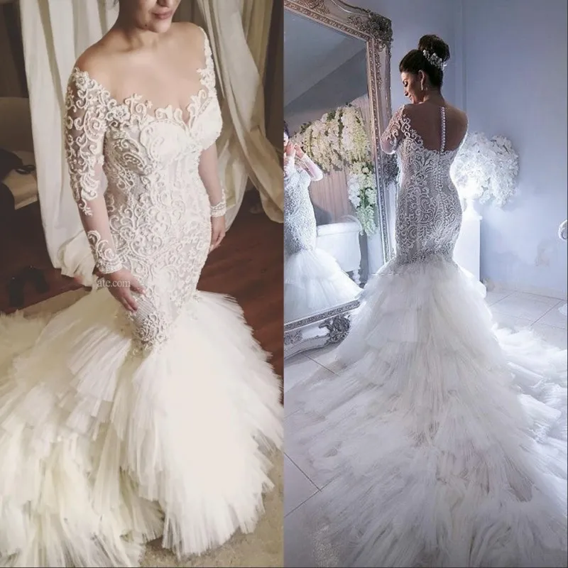 New Luxury Mermaid Lace Wedding Dresses 2021 robe de mariee Long Sleeve Wedding Gowns Illusion Back Sheer Ruffle Bride Dress
New Luxury Mermaid Lace Wedding Dresses 2021 robe de mariee Long Sleeve Wedding Gowns Illusion Back Sheer Ruffle Bride Dress