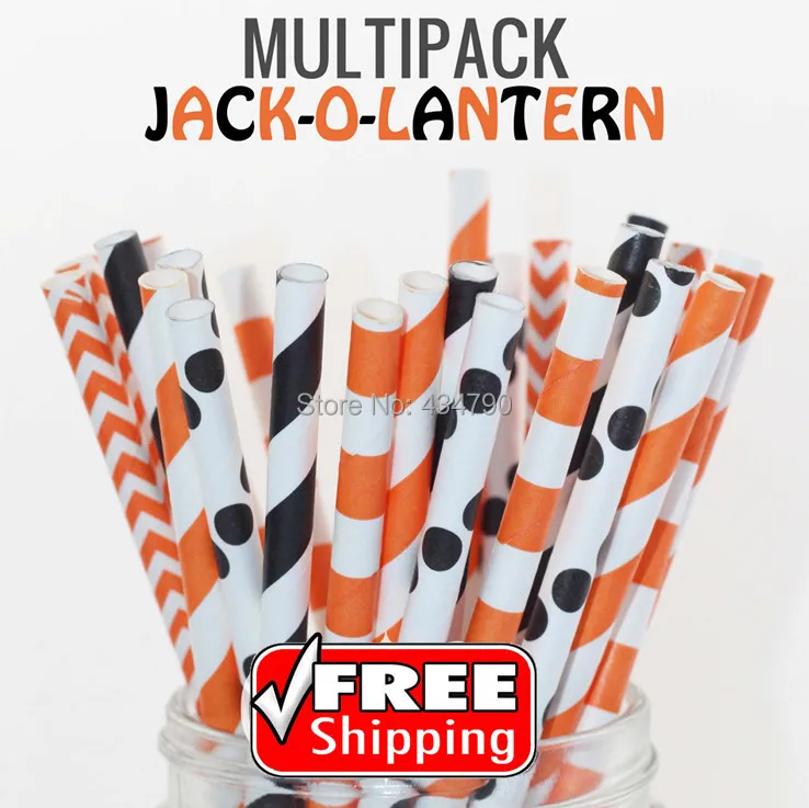 

250pcs Mixed 5 Designs JACK-O-LANTERN Halloween Paper Straws, Black and Orange Striped, Polka Dot, Chevron, Sailor Stripe