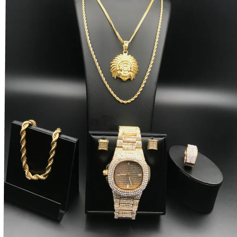 Luxury Men Gold Color Watch &Necklace & Bracelet & Earrings Combo Set Ice Out Cuban Watch Hip Hop Crystal Miami Bracelet For Men
Luxury Men Gold Color Watch &Necklace & Bracelet & Earrings Combo Set Ice Out Cuban Watch Hip Hop Crystal Miami Bracelet For Men