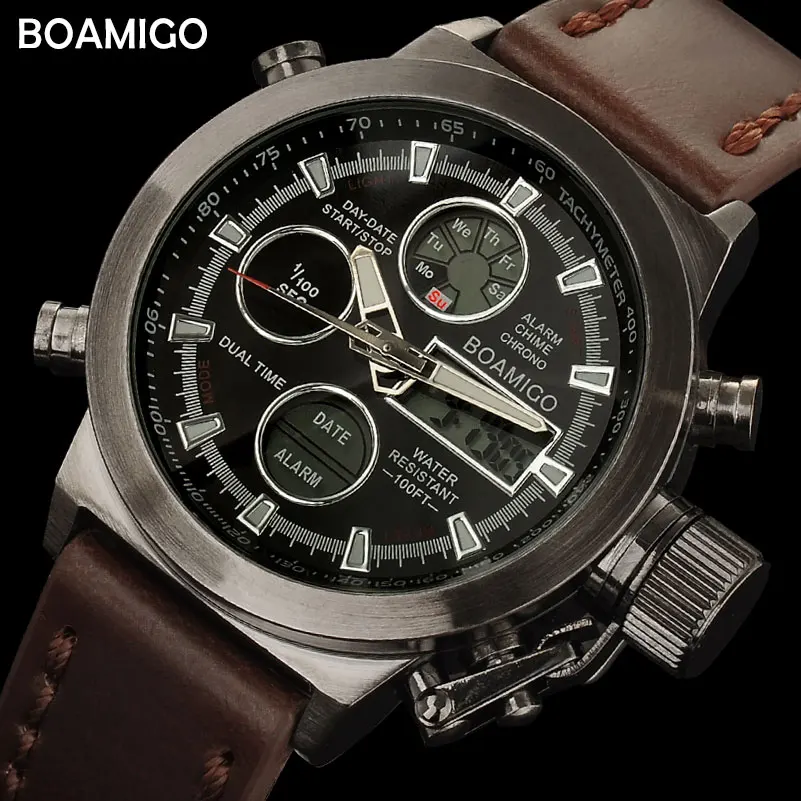 BOAMIGO men sports watches brown leather band man military quartz LED digital analog casual wristwatches waterproof reloj hombre
BOAMIGO men sports watches brown leather band man military quartz LED digital analog casual wristwatches waterproof reloj hombre