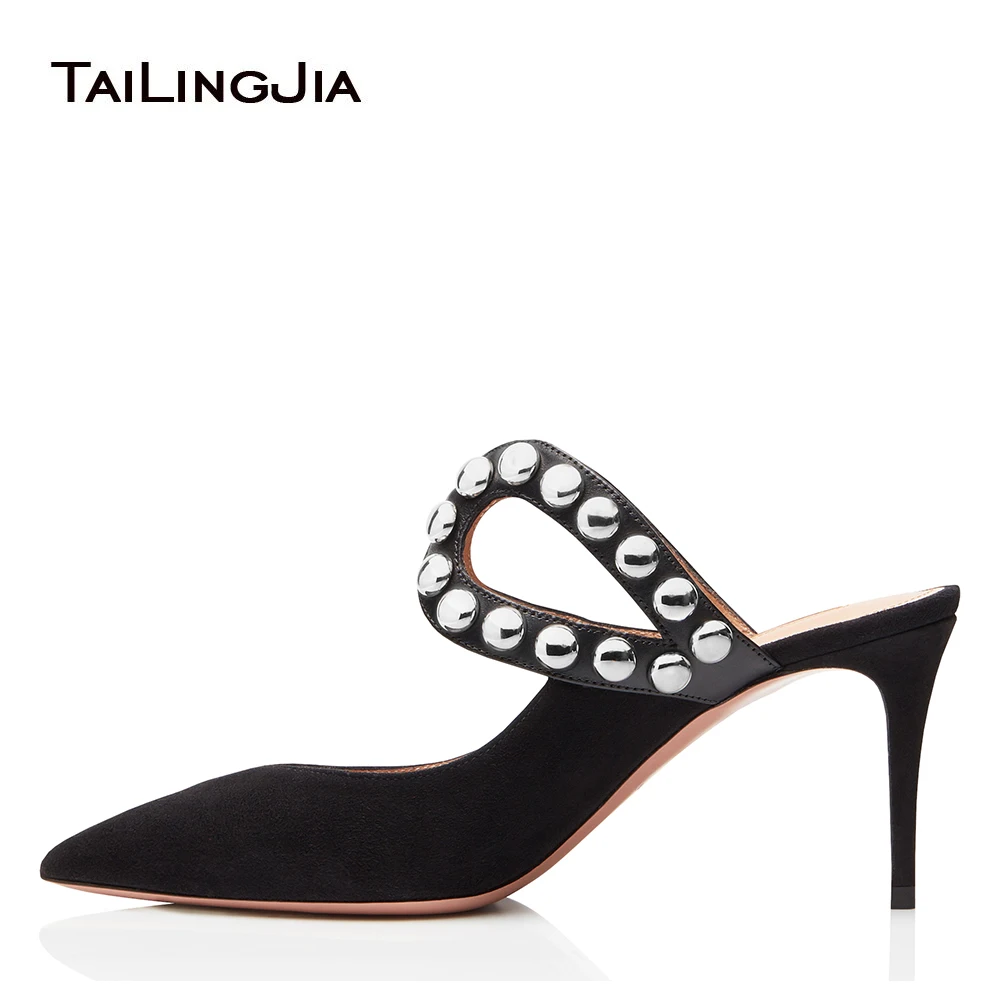 

2022 Studs Studded Pumps Faux Suede Red Heeled Sandals Slides Pointed Closed Toe Slip on Ladies Womens Black Heels Mules Shoes