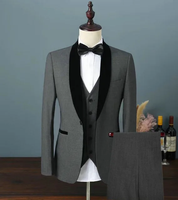 

Latest Coat Pant Designs 2020 Velvet Shawl Lapel Grey 3 Pieces Suit Groomsmen Groom Tuxedos Men Suits For Wedding Party Blazer