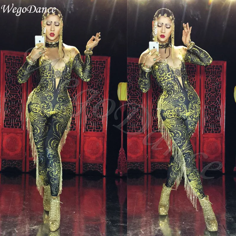 Black Gold Fringe Jumpsuit Printed Bodysuit Performance Female Nightclub One Piece Tassel Costume Performance Dance Wear
Black Gold Fringe Jumpsuit Printed Bodysuit Performance Female Nightclub One Piece Tassel Costume Performance Dance Wear