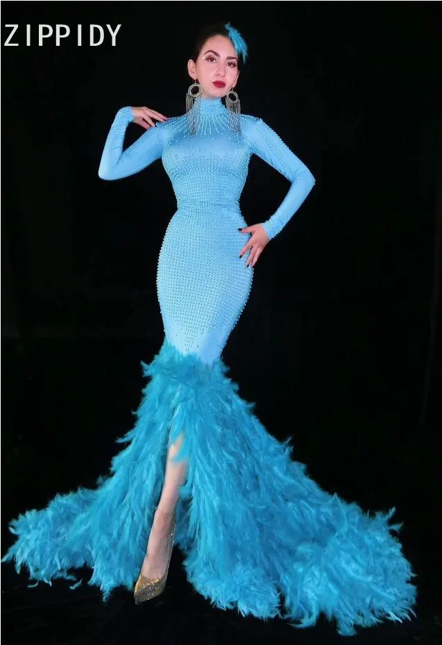 Sexy Feather Tail Blue Pearls Long Dress Prom Party Dance Female Clothes Birthday Celebrate Dress Stage Evening Dresses
Sexy Feather Tail Blue Pearls Long Dress Prom Party Dance Female Clothes Birthday Celebrate Dress Stage Evening Dresses