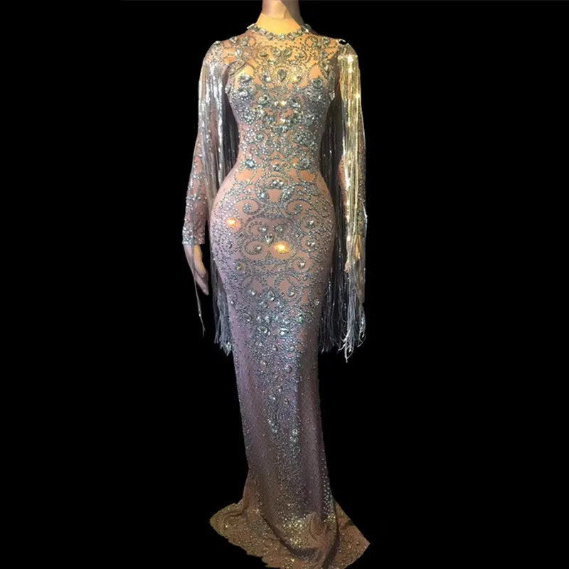 Fashion Silver Rhinestones Tassels Long Sleeve Tight Dress Lady Singer Women Evening Crystal Long Dresses Stage Costume DT950
Fashion Silver Rhinestones Tassels Long Sleeve Tight Dress Lady Singer Women Evening Crystal Long Dresses Stage Costume DT950