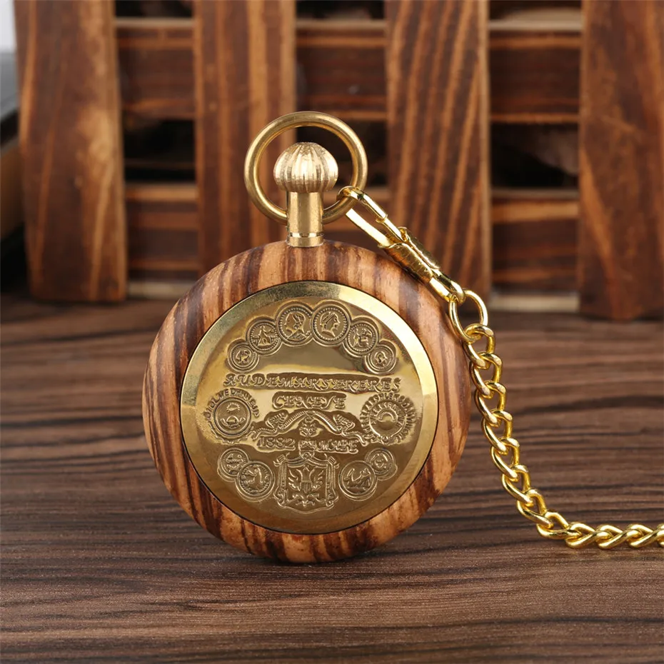 Vintage Open Face Roman Numerals Display Quartz Pocket Watch Wooden Case Luxury Pendant Steampunk Clock with Golden 30 cm Chain | Наручные