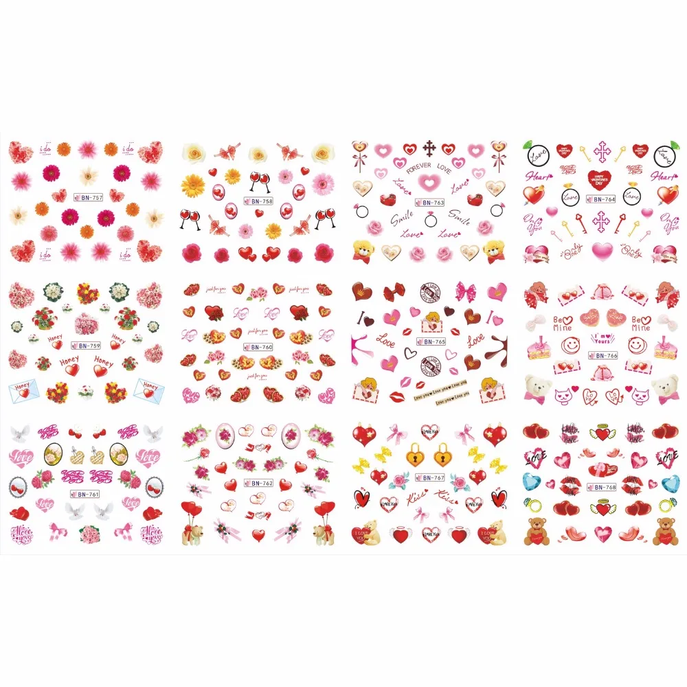 UPRETTEGO 12 упак./лот переводка NAIL ART Наклейки для ногтей на День святого Валентина свадьбы KISS BEAR сладкое сердце