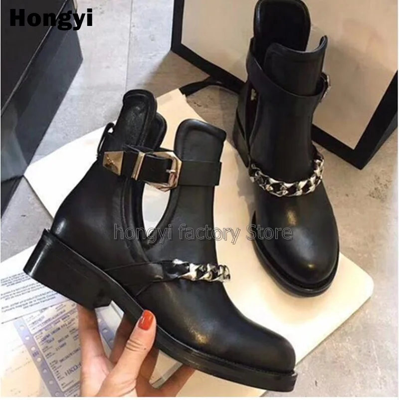 Metal Chain Black Leather Boots Woman Round Toe Fashion Cuts Out Side Buckle Short Boots Straps Ankle Boots Woman Shoes
Metal Chain Black Leather Boots Woman Round Toe Fashion Cuts Out Side Buckle Short Boots Straps Ankle Boots Woman Shoes