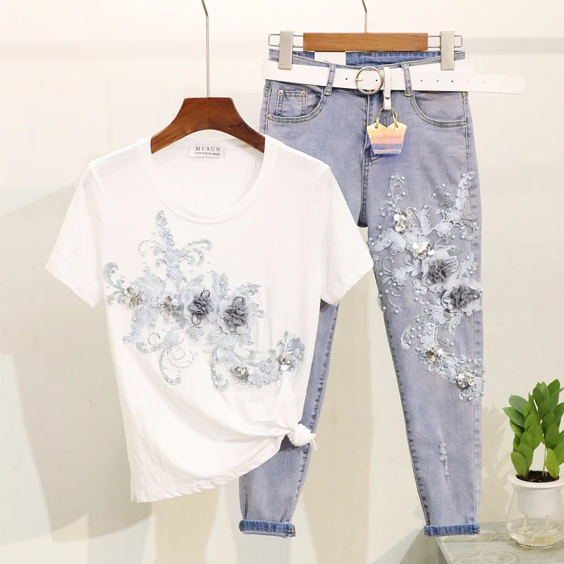 Фото Вышивка бисером цветок Топы футболка джинсы брюки женский комплект корейский