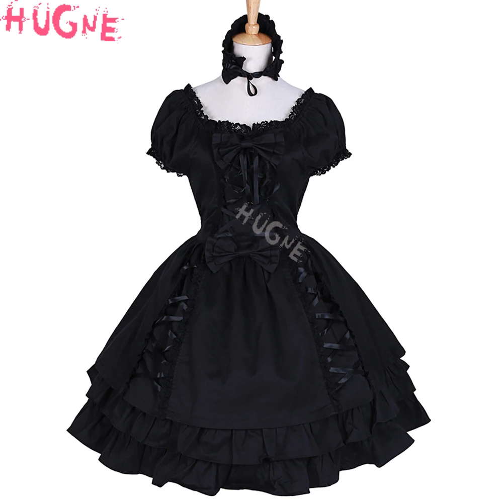 Womens Gothic Black Lolita dresses Layered Lace-Up Cotton short sleeve girls Party Halloween
Womens Gothic Black Lolita dresses Layered Lace-Up Cotton short sleeve girls Party Halloween