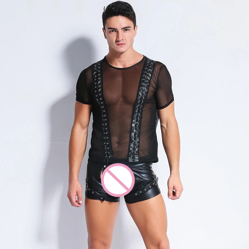 Sexy Men Gothic Mesh PU Faux Leather Patchwork T-Shirts Bandage Cool Men Night Tight Shirts Leather Slim Shirt Plus Size F40
Sexy Men Gothic Mesh PU Faux Leather Patchwork T-Shirts Bandage Cool Men Night Tight Shirts Leather Slim Shirt Plus Size F40