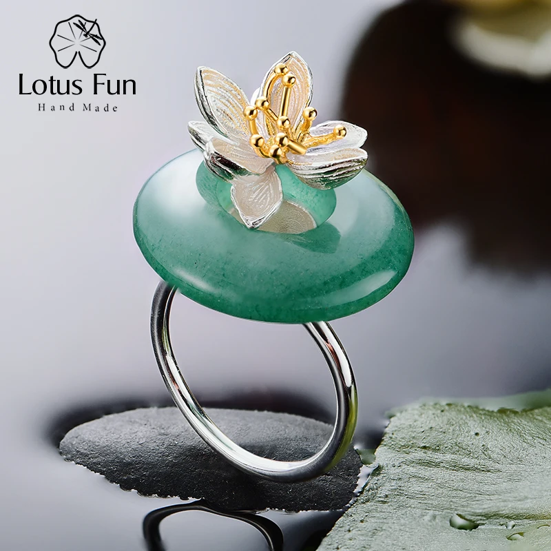 Lotus Fun реальные 925 серебро натуральный зеленый камень творческий ручной работы Fine