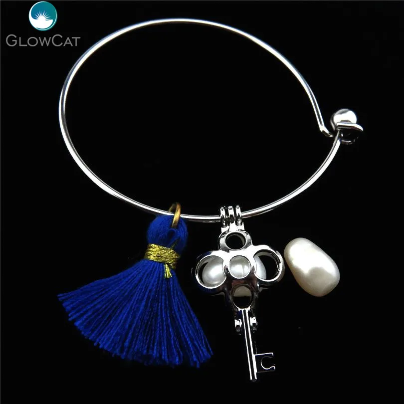 Women Expandable Cuff Bangle Key Tassel Charms Natural Pearl Cage Aromatherapy Locket Stainless Steel Bracelet Bangles KB53 | Украшения и