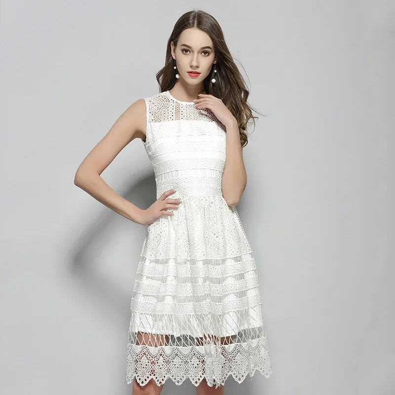 Hollow Out Lace Dresses Women O-neck Sleeveless High Waist A Line Dress Female Summer Korean Fashion Knee-Length party Vestidos
Hollow Out Lace Dresses Women O-neck Sleeveless High Waist A Line Dress Female Summer Korean Fashion Knee-Length party Vestidos