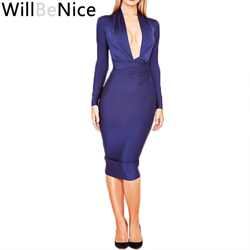 Женское облегающее платье WillBeNice темно синее вечернее с глубоким v образным