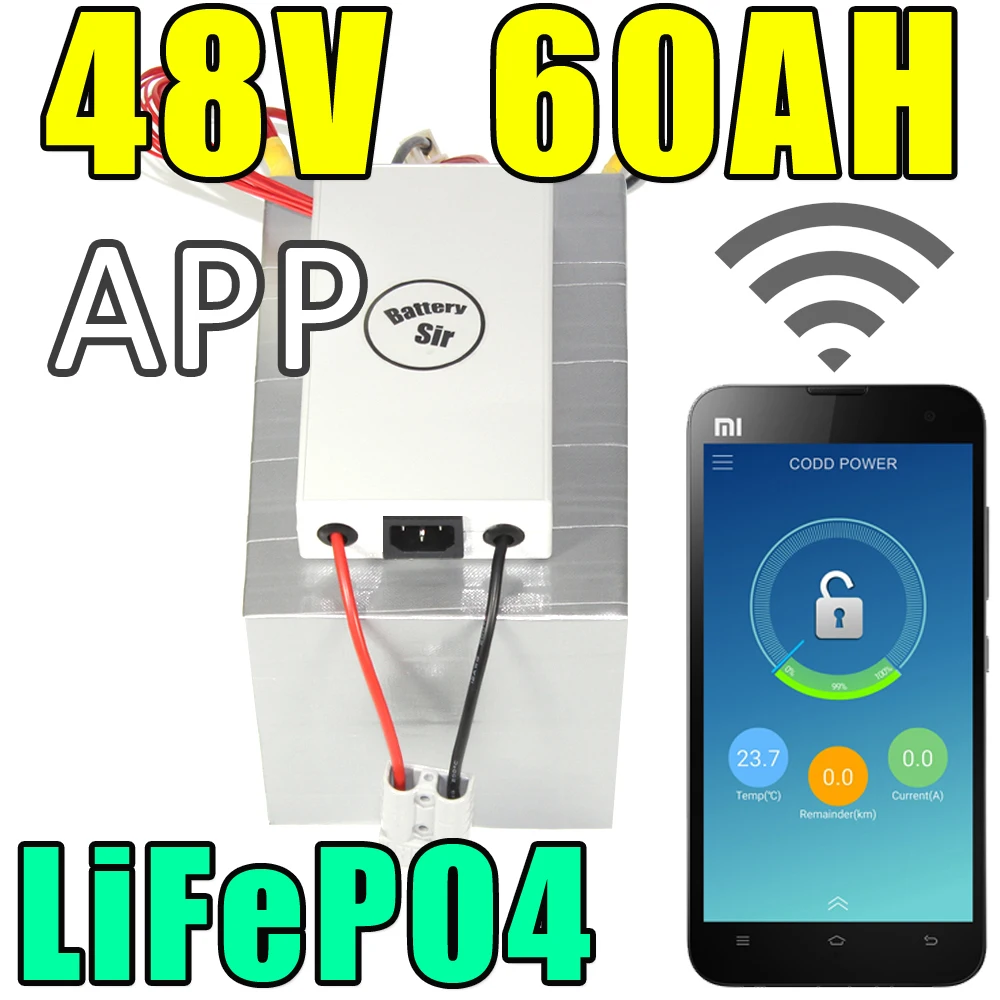 

48v 60ah lifepo4 battery app remote control Bluetooth Solar energy electric bicycle battery pack scooter ebike 3000w