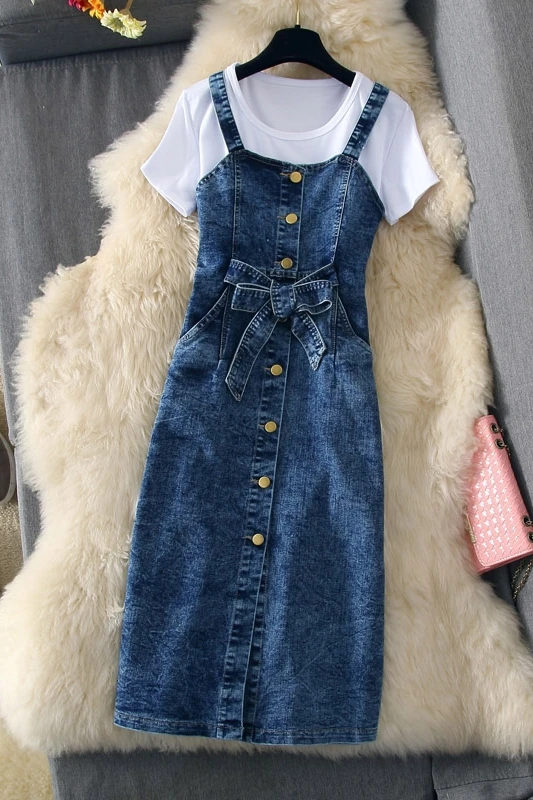 2020 New summer Womens Sexy Dress 2 Piece Set Single-breasted Strap Denim Dress + White T-shirt Female Casual Jean Dresses Suit
2020 New summer Womens Sexy Dress 2 Piece Set Single-breasted Strap Denim Dress + White T-shirt Female Casual Jean Dresses Suit