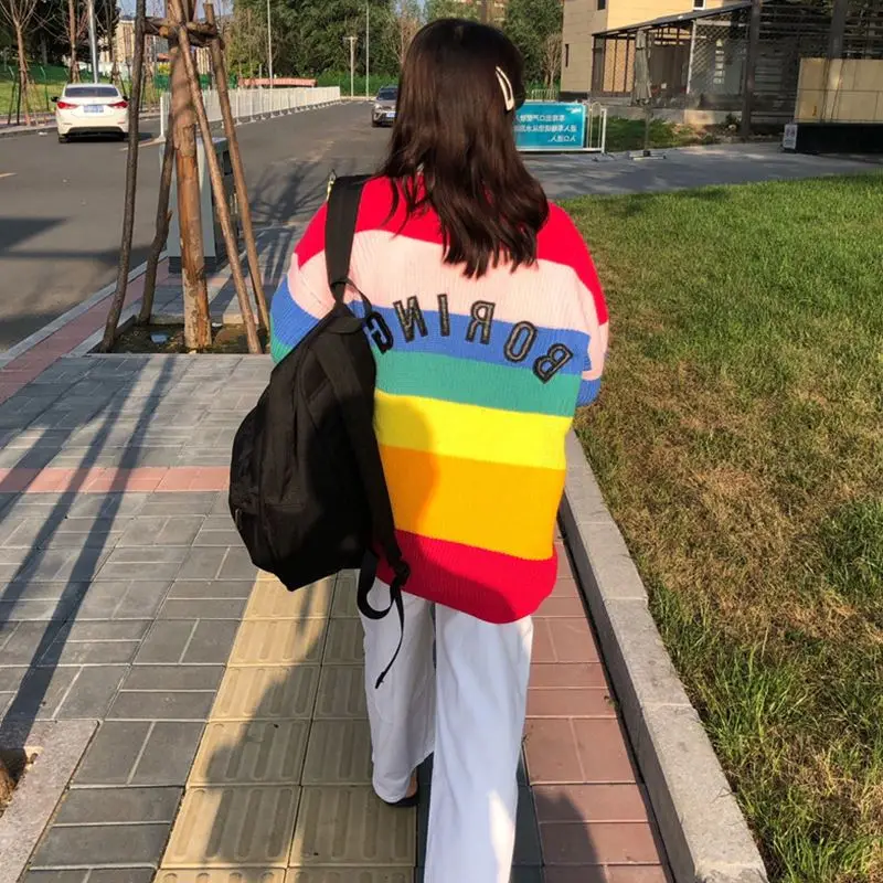 Женский Радужный кардиган Harajuku свободный Свитер оверсайз с вышитой надписью в