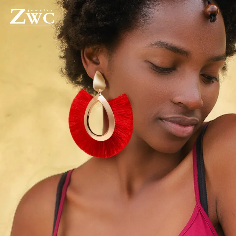 Женские винтажные серьги подвески ZWC большие богемные с бахромой черные красные