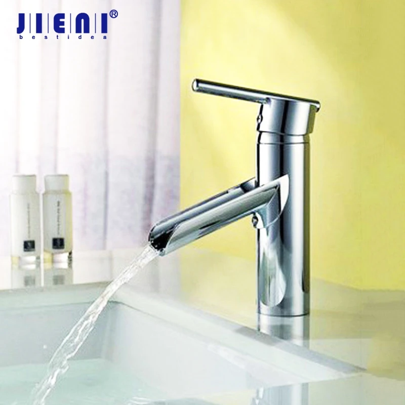 

JIENI Solid Brass Bathroom Lavatory Vessel Sink Polished Chrome Brass Waterfall Faucet Basin Mixer Tap Deck Mounted Faucet