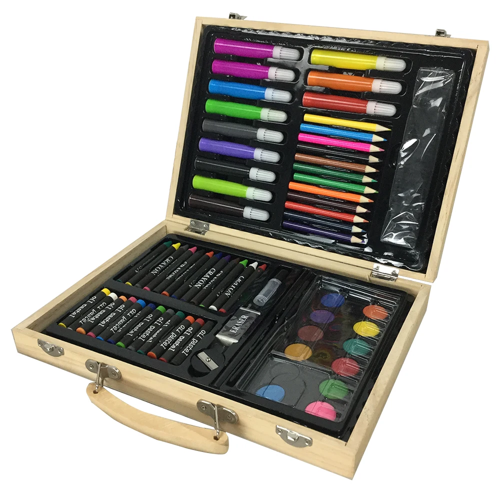 67pcs/set Deluxe Wood Art Set for Kids in Wooden Case Children Students Supplies Oil Painting Stick Paint Brush | Канцтовары для