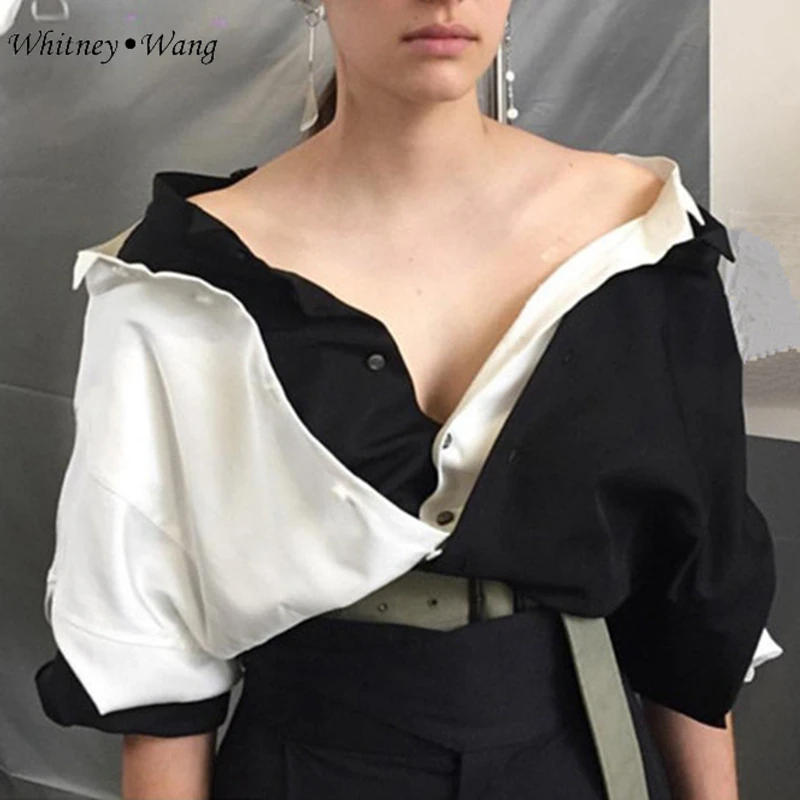 Летняя модная уличная одежда WHITNEY WANG 2018 цветная контрастная блузка с воротником