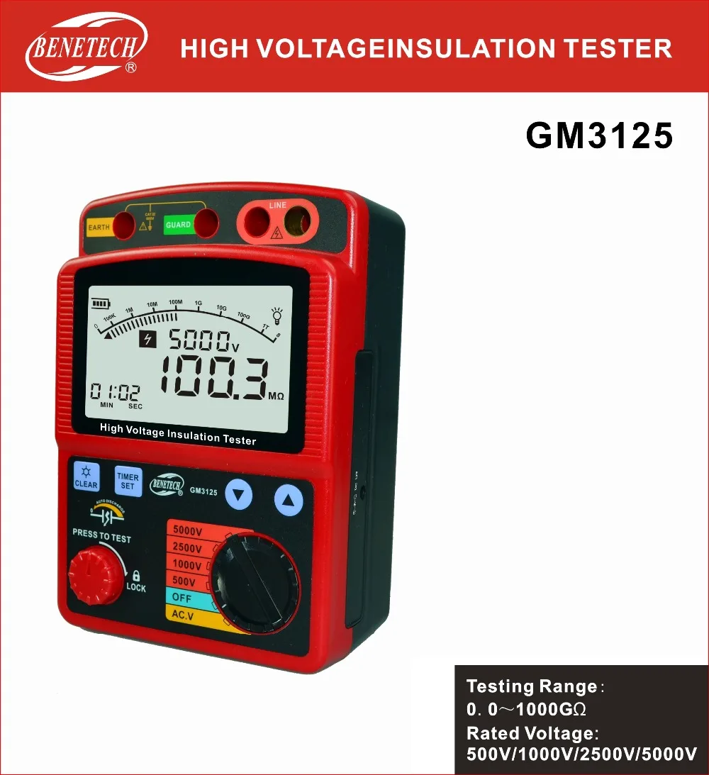 

BENETECH 100% Original GM3125 Digital Insulation Resistance Tester Meter Megohmmeter 5000V Insulation Megger Ohm Voltmeter