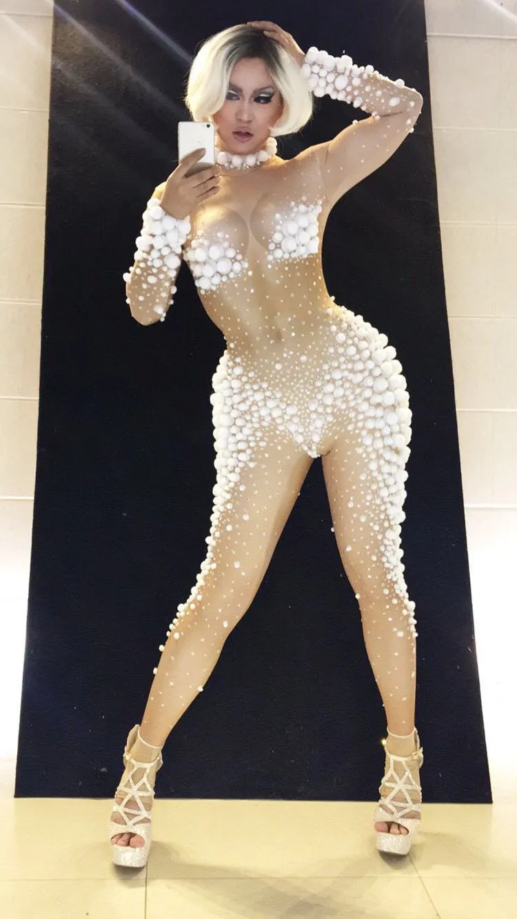 2020 Christmas New White Ball Sexy Jumpsuits Outfit Female Costumes Performance Show Leotard Dance Nightclub Stage Bar Slim Star |